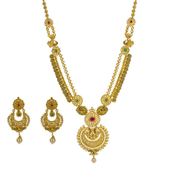 22K Yellow Gold Uncut Diamond Antique Temple Necklace Set W/ 33.95ct Uncut Diamonds, Rubies, Emeralds & Drop Pearls | 22K Yellow Gold Uncut Diamond Antique Temple Necklace Set W/ 33.95ct Uncut Diamonds, Rubies, Emer...