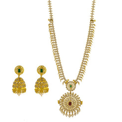22K Yellow Gold Uncut Diamond Necklace & Earring Set W/ 45.44ct Uncut Diamonds, Rubies, Emeralds & Drop Pearls