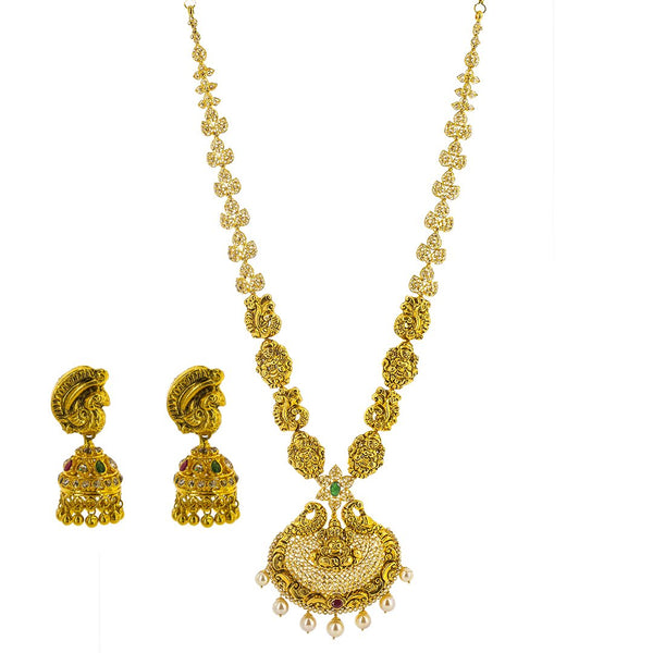 22K Yellow Gold Uncut Diamond Laxmi Necklace & Jhumki Earrings Set W/ 12.05ct Uncut Diamonds, Rubies, Emeralds & Drop Pearls |  22K Yellow Gold Uncut Diamond Laxmi Necklace & Jhumki Earrings Set W/ 12.05ct Uncut Diamonds...