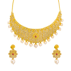 22K Yellow Gold Uncut Diamond Necklace & Earrings Set W/ Rubies, Pearls & Clustered Flowers on Choker Necklace