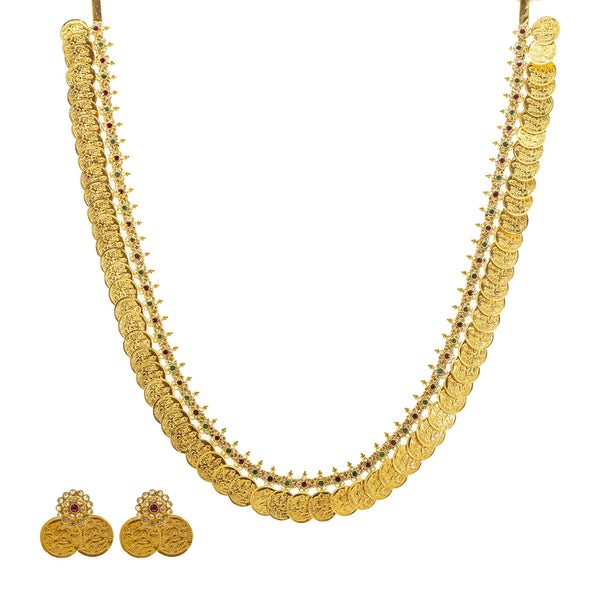 An image of the Arya 22K gold necklace set from Virani Jewelers. | Show off your elegant style with this 22K gold necklace set from Virani Jewelers!

Designed with ...