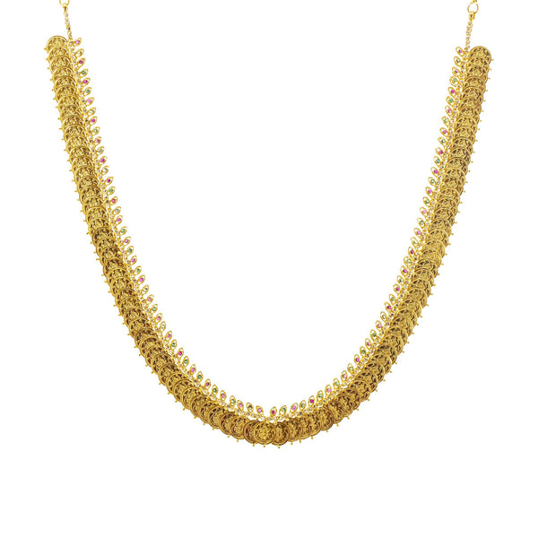 An image of the Laxmi 22K gold necklace from Virani Jewelers. | Celebrate elegant simplicity with this stunning 22K gold necklace set from Virani Jewelers!

Embe...