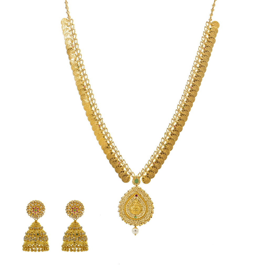An image of the Abha Mangalsutra 22K gold necklace set from Virani Jewelers. | Take your traditional outfits to the next level with this 22K gold necklace set from Virani Jewel...
