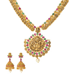 22K Gold & Gemstone Jeweled Medallion Temple Set