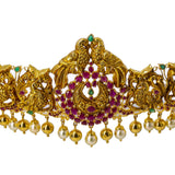 22K Yellow Gold Peacock Vaddanam Waist Belt W/ Emeralds, Rubies, Pearls & Detachable Centerpiece | Add movement and luxury to your most festive looks with Vaddanam waist belts that will transform ...