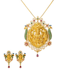 22K Multi Tone Gold & Gemstone Jeweled Temple Set