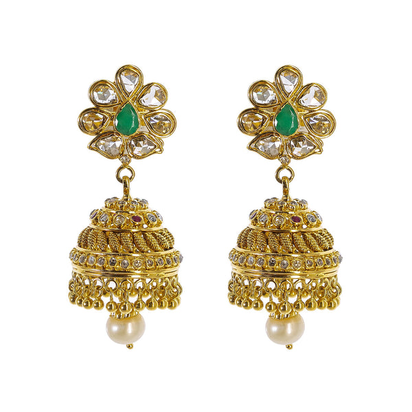 22K Yellow Gold Uncut Diamond Jhumki Earrings W/ 1.77ct Uncut Diamonds, Emeralds, Rubies & Drop Pearls | Explore the beauty and the raw elements of uncut diamonds set in exquisite designs such as these ...