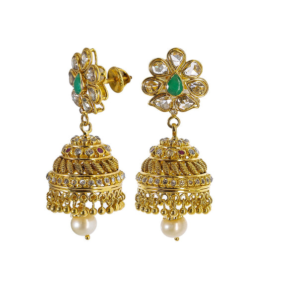 22K Yellow Gold Uncut Diamond Jhumki Earrings W/ 1.77ct Uncut Diamonds, Emeralds, Rubies & Drop Pearls | Explore the beauty and the raw elements of uncut diamonds set in exquisite designs such as these ...