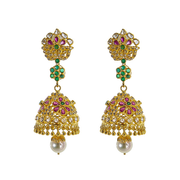 22K Yellow Gold Uncut Diamond Jhumki Earrings W/ 2.45ct Uncut Diamonds, Emeralds, Rubies & Drop Pearls | Explore the beauty and the raw elements of uncut diamonds set in exquisite designs such as these ...