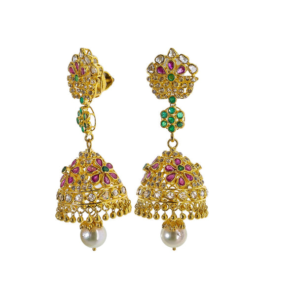 22K Yellow Gold Uncut Diamond Jhumki Earrings W/ 2.45ct Uncut Diamonds, Emeralds, Rubies & Drop Pearls | Explore the beauty and the raw elements of uncut diamonds set in exquisite designs such as these ...