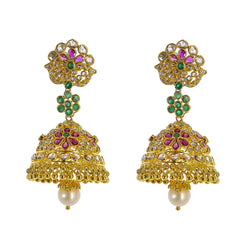 22K Yellow Gold Uncut Diamond Jhumki Earrings W/ 2.8ct Uncut Diamonds, Emeralds, Rubies & Drop Pearls