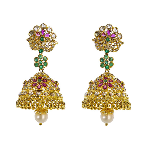 22K Yellow Gold Uncut Diamond Jhumki Earrings W/ 2.8ct Uncut Diamonds, Emeralds, Rubies & Drop Pearls | Explore the beauty and the raw elements of uncut diamonds set in exquisite designs such as these ...