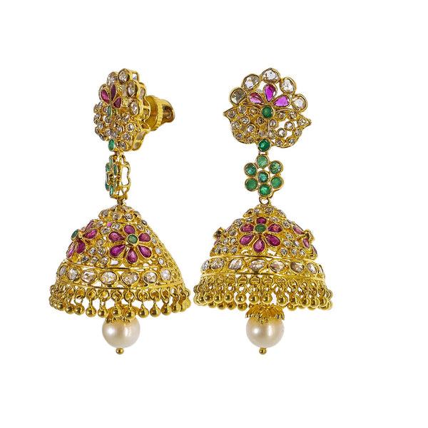 22K Yellow Gold Uncut Diamond Jhumki Earrings W/ 2.8ct Uncut Diamonds, Emeralds, Rubies & Drop Pearls | Explore the beauty and the raw elements of uncut diamonds set in exquisite designs such as these ...