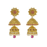 22K Yellow Gold Uncut Diamond Jhumki Earrings W/ 3.5ct Uncut Diamonds, Rubies, Pearls & Double Drop | Explore the beauty and the raw elements of uncut diamonds set in exquisite designs such as these ...