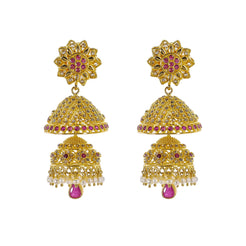 22K Yellow Gold Uncut Diamond Jhumki Earrings W/ 3.5ct Uncut Diamonds, Rubies, Pearls & Double Drop