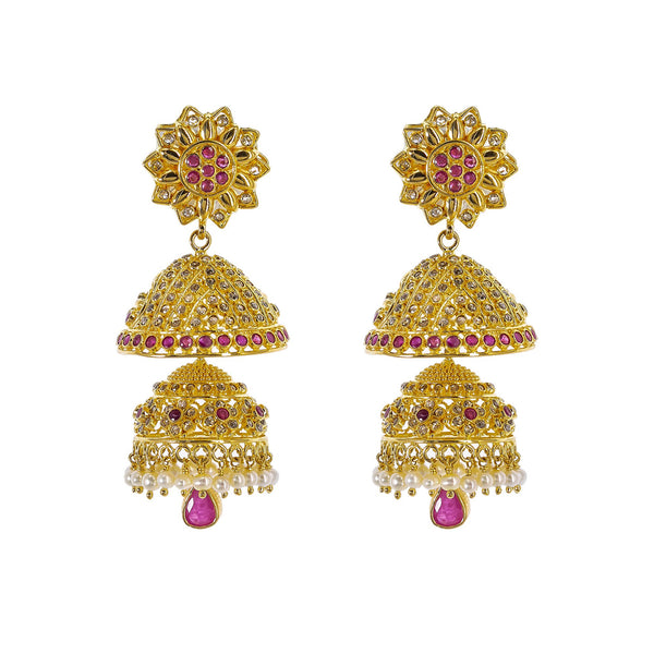 22K Yellow Gold Uncut Diamond Jhumki Earrings W/ 3.5ct Uncut Diamonds, Rubies, Pearls & Double Drop | Explore the beauty and the raw elements of uncut diamonds set in exquisite designs such as these ...