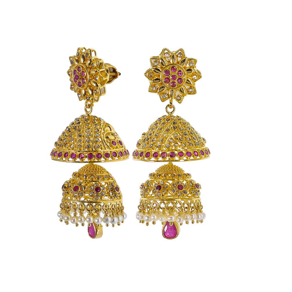 22K Yellow Gold Uncut Diamond Jhumki Earrings W/ 3.5ct Uncut Diamonds, Rubies, Pearls & Double Drop | Explore the beauty and the raw elements of uncut diamonds set in exquisite designs such as these ...