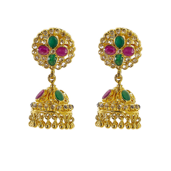 22K Yellow Gold Uncut Diamond Jhumki Earrings W/1.21ct Uncut Diamonds, Emeralds & Rubies | Explore the beauty and the raw elements of uncut diamonds set in exquisite designs such as these ...