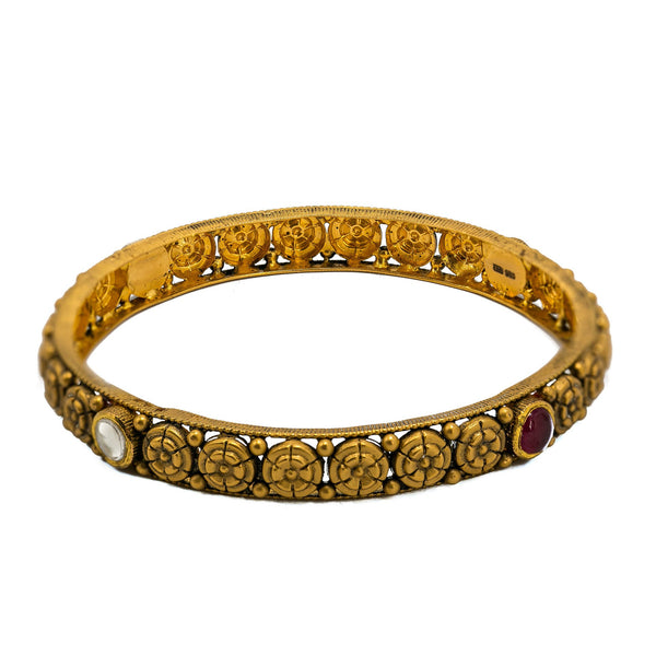 22K Yellow Gold Bangles Set of 2 W/ Rubies, Kundan and Antique Finish Round Details | 22K Yellow Gold Bangles Set of 2 W/ Rubies, Kundan and Antique Finish Round Details for women. Da...