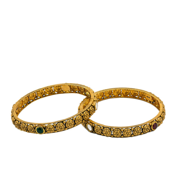 22K Yellow Gold Bangles Set of 2 W/ Rubies, Kundan and Antique Finish Round Details | 22K Yellow Gold Bangles Set of 2 W/ Rubies, Kundan and Antique Finish Round Details for women. Da...