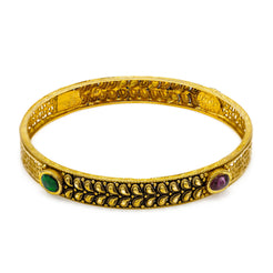 22K  Yellow Gold Bangles Set of 2 W/ Rubies, Emeralds & Antique Finish Mango Leaf Details