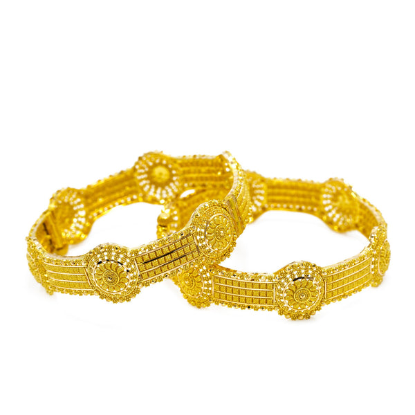 22K  Yellow Gold Bangles Set of 2 W/ Beaded Filigree & Round Shield Details |  22K Yellow Gold Bangles Set of 2 W/ Beaded Filigree & Round Shield Details for women. These ...