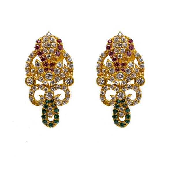 22K Yellow Gold CZ Necklace & Earrings Set W/ Rubies, Emeralds, CZ Gems & Fully Encrusted Laxmi Pendants |  22K Yellow Gold CZ Necklace & Earrings Set W/ Rubies, Emeralds, CZ Gems & Fully Encruste...