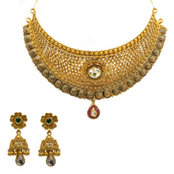 22K Yellow Gold Choker & Jhumki Earrings Set W/ Rubies, Emeralds, Kundan & Tear Drop Pendant