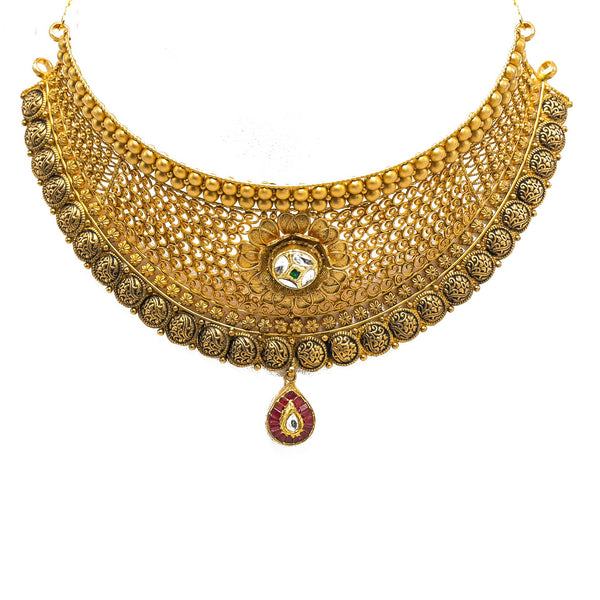 22K Yellow Gold Choker & Jhumki Earrings Set W/ Rubies, Emeralds, Kundan & Tear Drop Pendant | 22K Yellow Gold Choker & Jhumki Earrings Set W/ Rubies, Emeralds, Kundan & Tear Drop Pend...