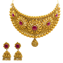 22K Yellow Gold Choker & Jhumki Earrings Set W/ Rubies & Matte Finished Flower Ball Design