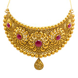 22K Yellow Gold Choker & Jhumki Earrings Set W/ Rubies & Matte Finished Flower Ball Design | 22K Yellow Gold Choker & Jhumki Earrings Set W/ Rubies & Matte Finished Flower Ball Desig...