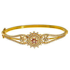 22K Yellow Gold Bangle W/ CZ Gems, Rubies & Open Flower Design