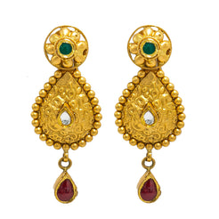 22K Yellow Gold Drop Earrings W/ Ruby, Emerald & Kundan on Matte Pear Pendant