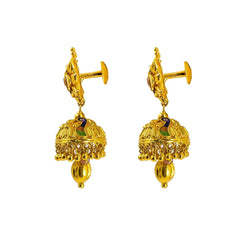 22K Yellow Gold Jhumki Drop Earrings W/ Accent Peacock Enamel Design & Oblong Ball Drop