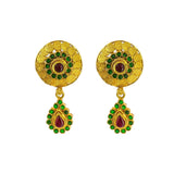 22K Yellow Gold Drop Earrings W/ Ruby & Emerald Gold Disc Motifs & Pear Shaped Drops |  22K Yellow Gold Drop Earrings W/ Ruby & Emerald Gold Disc Motifs & Pear Shaped Drops for...