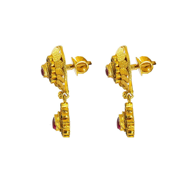 22K Yellow Gold Drop Earrings W/ Ruby & Emerald Gold Disc Motifs & Pear Shaped Drops |  22K Yellow Gold Drop Earrings W/ Ruby & Emerald Gold Disc Motifs & Pear Shaped Drops for...