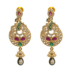22K Yellow Gold Drop Earrings W/ Rubies, Emeralds, CZ Gems & Round Peacock Pendants