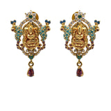 22K Yellow Gold Earrings W/ Emerald, Sapphires, CZ Gems & Laxmi Pendant |  22K Yellow Gold Earrings W/ Emerald, Sapphires, CZ Gems & Laxmi Pendant for women. This orna...