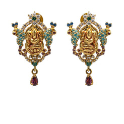 22K Yellow Gold Earrings W/ Emerald, Sapphires, CZ Gems & Laxmi Pendant