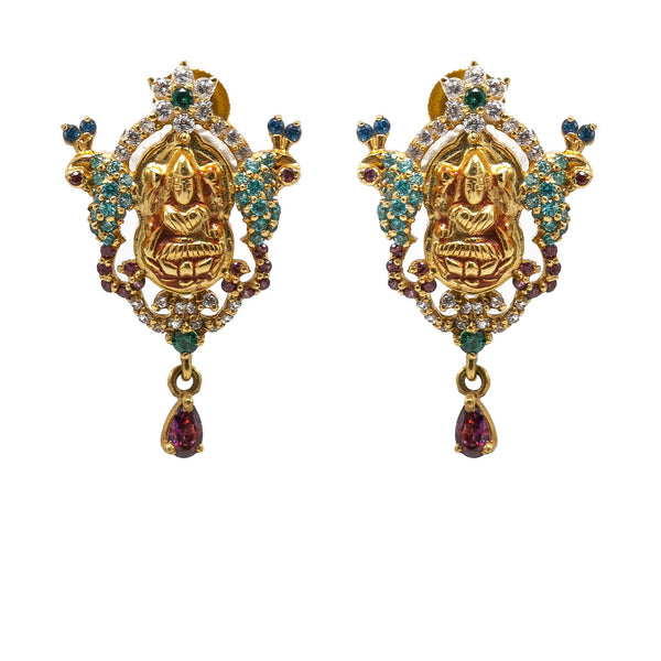 22K Yellow Gold Earrings W/ Emerald, Sapphires, CZ Gems & Laxmi Pendant |  22K Yellow Gold Earrings W/ Emerald, Sapphires, CZ Gems & Laxmi Pendant for women. This orna...