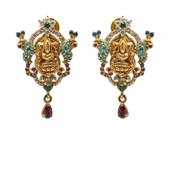 22K Yellow Gold Earrings W/ Emerald, Sapphires, CZ Gems & Laxmi Pendant |  22K Yellow Gold Earrings W/ Emerald, Sapphires, CZ Gems & Laxmi Pendant for women. This orna...