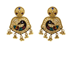 22K Yellow Gold Earrings W/ Vivid Hand Painted Peacock & Beaded Filigree