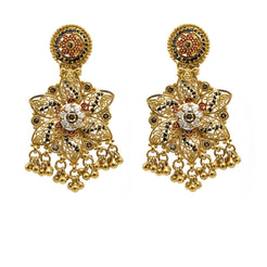 22K Yellow Gold Earrings W/ Meenakari Designs & Bloomed Flower Pendant
