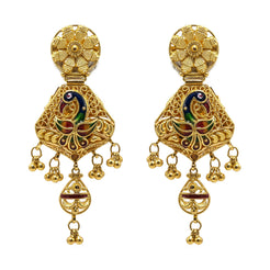 22K Yellow Gold Drop Earrings W/ Ruby, Sapphire Gems, Meenakari Peacock & Flower Pendants