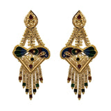 22K Yellow Gold Earrings W/ Hand Painted Peacock & Beaded Filigree on Tassel Pendant |  22K Yellow Gold Earrings W/ Hand Painted Peacock & Beaded Filigree on Tassel Pendant for wom...