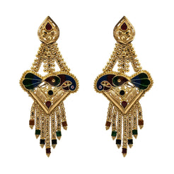 22K Yellow Gold Earrings W/ Hand Painted Peacock & Beaded Filigree on Tassel Pendant