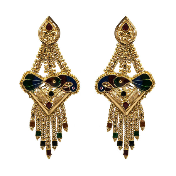 22K Yellow Gold Earrings W/ Hand Painted Peacock & Beaded Filigree on Tassel Pendant |  22K Yellow Gold Earrings W/ Hand Painted Peacock & Beaded Filigree on Tassel Pendant for wom...