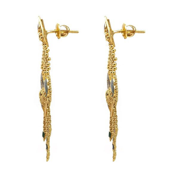 22K Yellow Gold Earrings W/ Hand Painted Peacock & Beaded Filigree on Tassel Pendant |  22K Yellow Gold Earrings W/ Hand Painted Peacock & Beaded Filigree on Tassel Pendant for wom...
