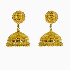22K Yellow Gold Jhumki Drop Earrings W/ Beaded Filigree & Wide Ornate Domes