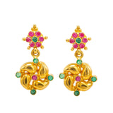 22K Yellow Gold Drop Earrings W/ Rubies, Emeralds & Encircled Mango Details | 22K Yellow Gold Drop Earrings W/ Rubies, Emeralds & Encircled Mango Details for women. This l...